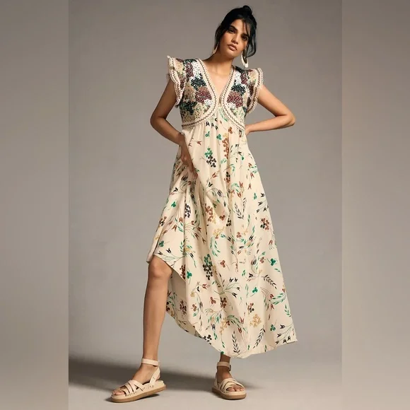 Anthropologie Floral Maxi Dress with Crochet Detail - Picture 5 of 10